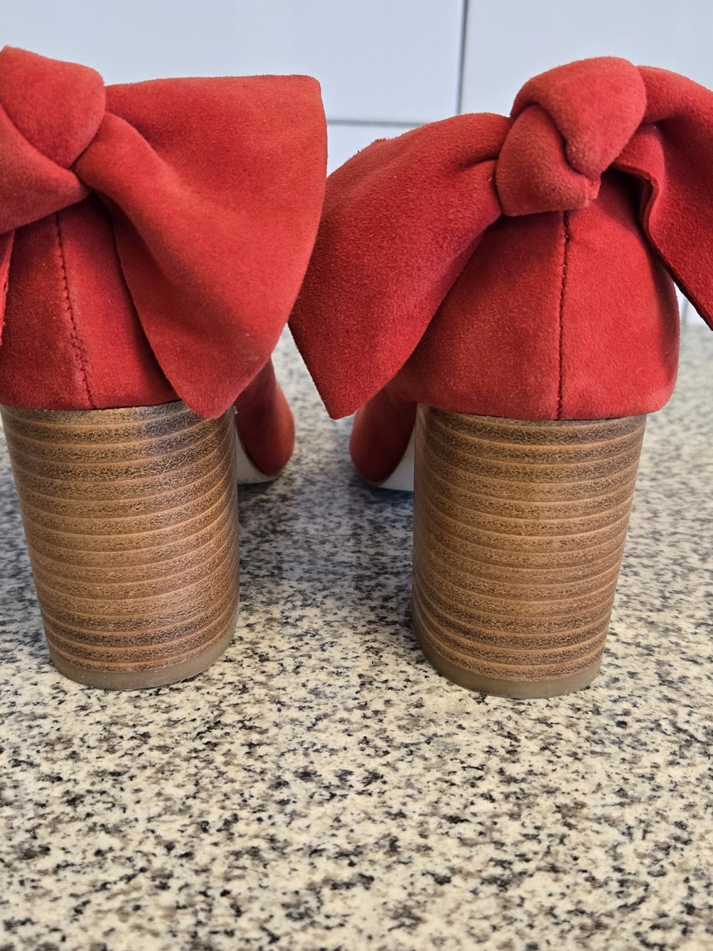 Anthropologie Red Suede Bow Block Heel Pumps - Picture 2 of 5